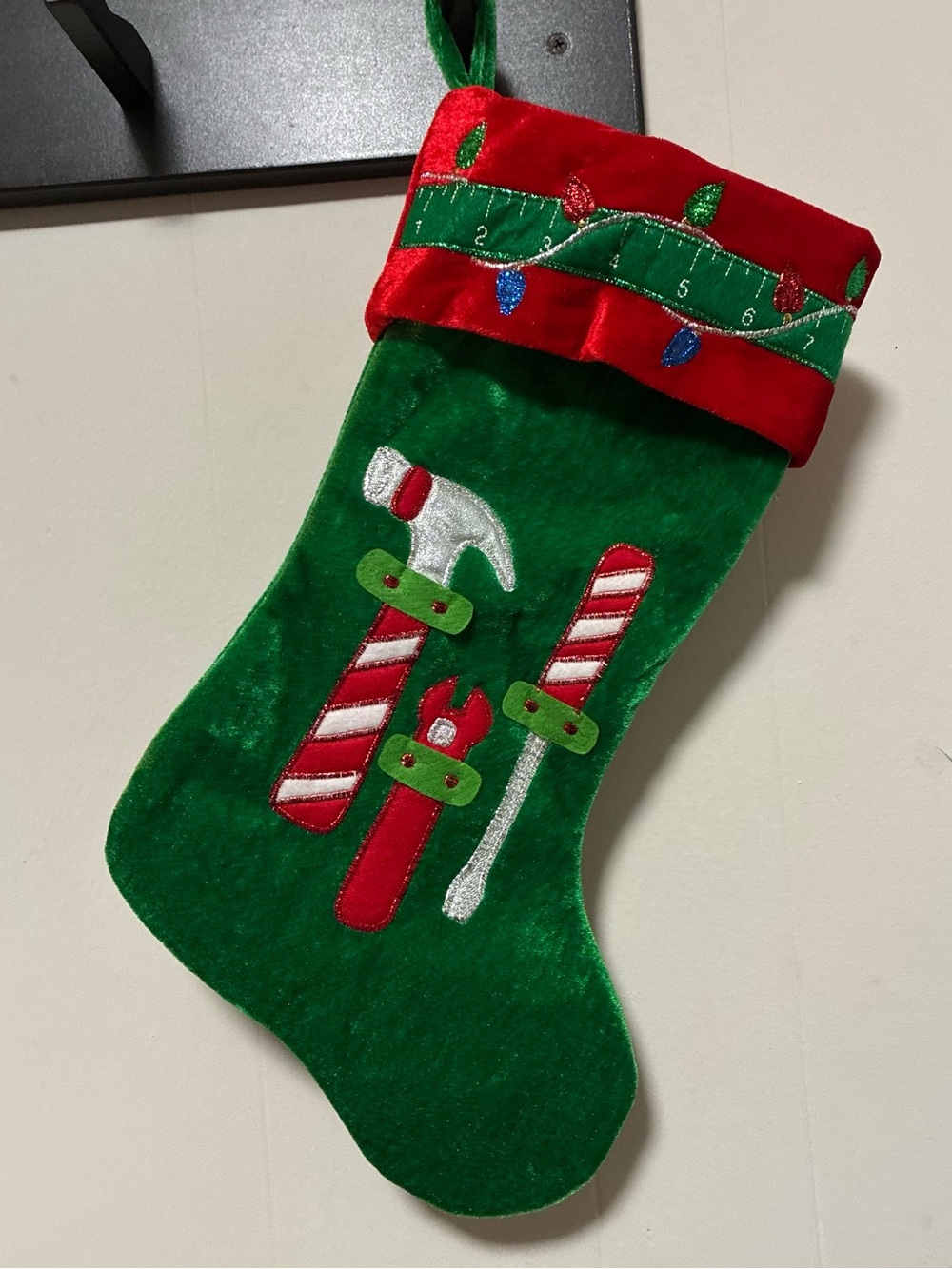 Christmas Tool Stocking Green Red Handyman Builder Candy Cane Holiday Decor